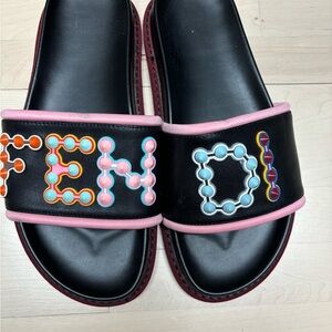 Fendi Black and Pink Logo Slide Sandals